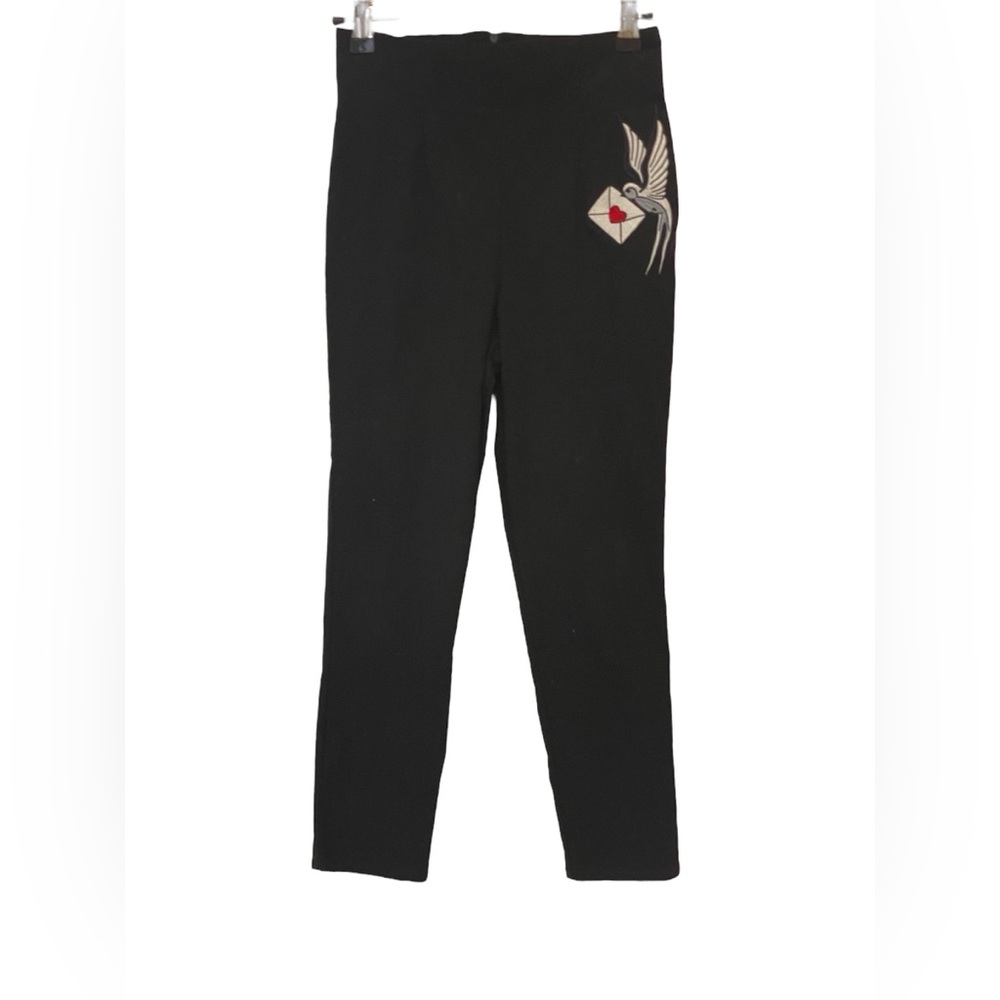 Black Women's Slim Ponte Pants with Embroidered Swallow Detail